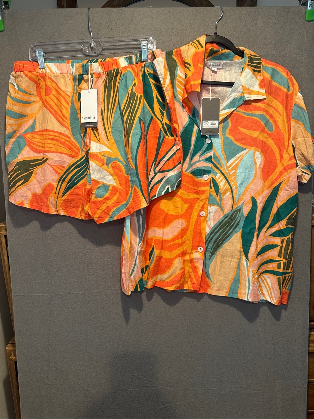 Vitamin A Tropical Button-Down Shirt and Matching Shorts in Orange, Teal & Pink
